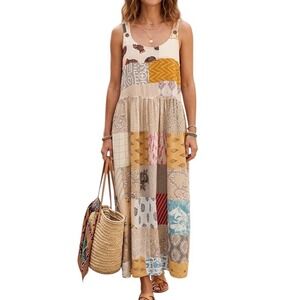 Blue Sky Fair Trade Patchwork Maxi Dress Womens Medium Boho Artisan Multi Print